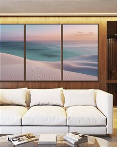 Trio de Quadros Mar Azul Turquesa Praia Dunas Areia Branca Natureza Canvas Moldura