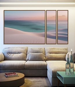 Trio de Quadros Estilizados Mar Azul Turquesa Praia Dunas Areia Branca Natureza Canvas Moldura