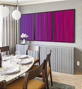 Trio de Quadros Abstrato Degradê Listras Rosa Magenta Canvas Moldura