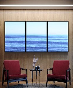 Trio de Quadros Mar Azul Céu Claro Ondulações Movimento Natureza Canvas Moldura