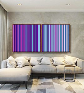 Duo de Quadros Quadrados Abstrato Degradê Listras Lilás Roxo Rosa Azul Canvas Moldura