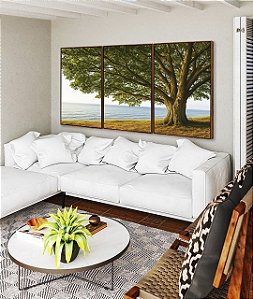 Trio de Quadros Árvore Vista Mar Calmo Paisagem Natureza Canvas Moldura