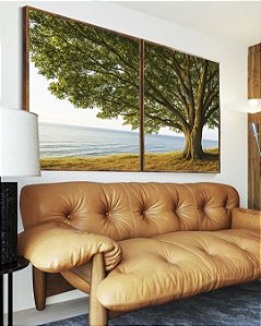 Duo de Quadros Árvore Vista Mar Calmo Paisagem Natureza Canvas Moldura