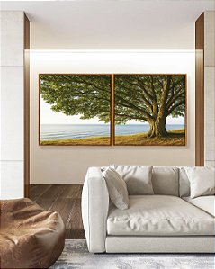 Duo de Quadros Quadrados Árvore Vista Mar Calmo Paisagem Natureza Canvas Moldura