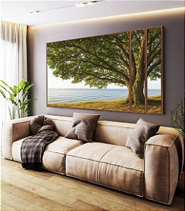 Trio de Quadros Estilizados Árvore Vista Mar Calmo Paisagem Natureza Canvas Moldura