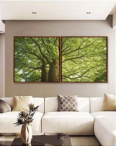 Duo de Quadros Quadrados Árvores Folhas Verdes Natureza Paisagem Canvas Moldura