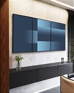 Trio de Quadros Abstrato Geométrico Degradê Em Tons de Azul Canvas Moldura