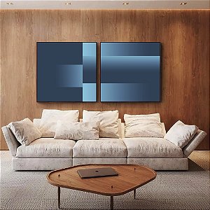 Duo de Quadros Quadrados Abstrato Geométrico Degradê Em Tons de Azul Canvas Moldura