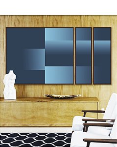 Trio de Quadros Estilizados Abstrato Geométrico Degradê Em Tons de Azul Canvas Moldura