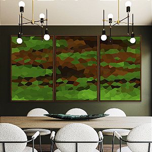 Trio de Quadros Abstrato Mosaico Verde Marrom Canvas Moldura