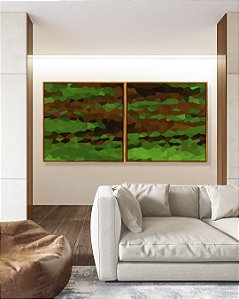 Duo de Quadros Quadrados Abstrato Mosaico Verde Marrom Canvas Moldura