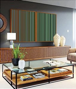 Duo de Quadros Abstrato Degradê Listras Verde Marrom Canvas Moldura