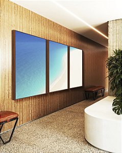 Trio de Quadros Mar Calmo Azul e Praia de Areia Branca Natureza Canvas Moldura