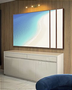 Trio de Quadros Estilizados Mar Calmo Azul e Praia de Areia Branca Natureza Canvas Moldura