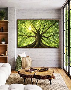 Quadro Horizontal Árvore Folhas Verdes Luzes Reflexos do Sol Paisagem Canvas Moldura