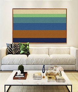Quadro Horizontal Abstrato Listras Azul Turquesa Laranja Canvas Moldura