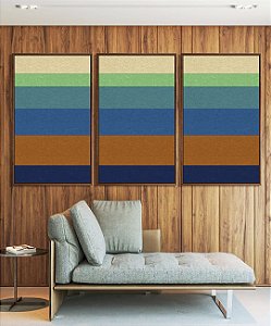Trio de Quadros Abstrato Listras Azul Turquesa Laranja Canvas Moldura