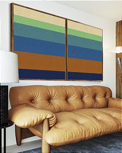 Duo de Quadros Abstrato Listras Azul Turquesa Laranja Canvas Moldura