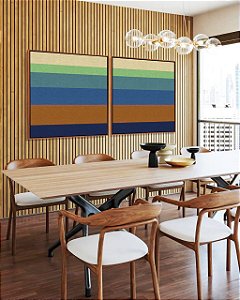 Duo de Quadros Quadrados Abstrato Listras Azul Turquesa Laranja Canvas Moldura