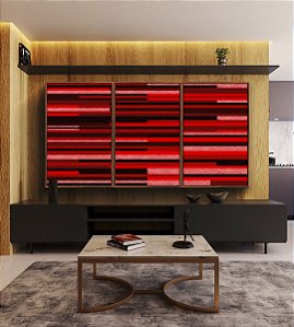 Trio de Quadros Abstrato Mosaico Geométrico Vermelho Vinho Preto Canvas Moldura