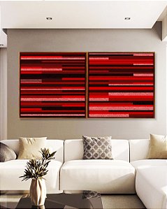 Duo de Quadros Quadrados Abstrato Mosaico Geométrico Vermelho Vinho Preto Canvas Moldura