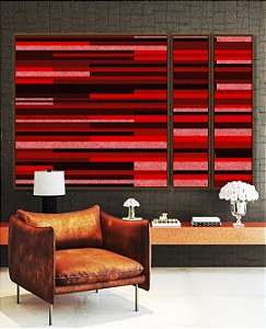Trio de Quadros Estilizados Abstrato Mosaico Geométrico Vermelho Vinho Preto Canvas Moldura