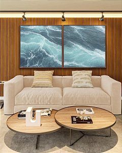 Duo de Quadros Quadrados Alto Mar Revolto Azul Natureza Canvas Moldura