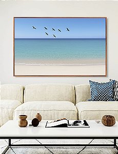 Quadro Horizontal Pássaros em Céu Claro Mar Azul Praia Branca Canvas Moldura