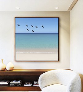 Quadro Quadrado Pássaros em Céu Claro Mar Azul Praia Branca Canvas Moldura