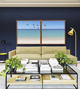 Duo de Quadros Quadrados Pássaros em Céu Claro Mar Azul Praia Branca Canvas Moldura