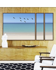 Trio de Quadros Estilizados Pássaros em Céu Claro Mar Azul Praia Branca Canvas Moldura