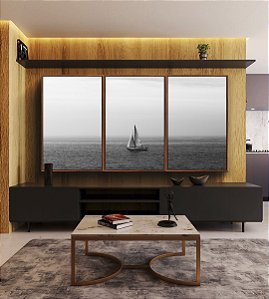 Trio de Quadros Barco em Mar Aberto Natureza Preto e Branco Canvas Moldura