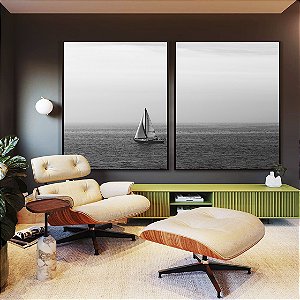 Duo de Quadros Barco em Mar Aberto Natureza Preto e Branco Canvas Moldura