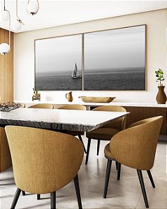 Duo de Quadros Quadrados Barco em Mar Aberto Natureza Preto e Branco Canvas Moldura