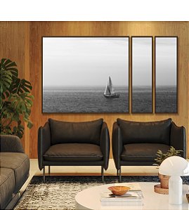 Trio de Quadros Estilizados Barco em Mar Aberto Natureza Preto e Branco Canvas Moldura