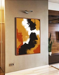 Quadro Vertical Abstrato Efeito Pintura Cores Laranja Preto Branco Canvas Moldura
