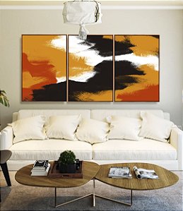Trio de Quadros Abstrato Efeito Pintura Cores Laranja Preto Branco Canvas Moldura
