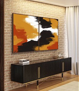 Duo de Quadros Abstrato Efeito Pintura Cores Laranja Preto Branco Canvas Moldura