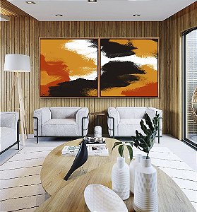 Duo de Quadros Quadrados Abstrato Efeito Pintura Cores Laranja Preto Branco Canvas Moldura