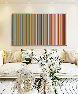 Quadro Horizontal Abstrato Listras Laranja Cinza Prateado Degradê Canvas Moldura