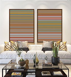 Duo de Quadros Abstrato Listras Laranja Cinza Prateado Degradê Canvas Moldura