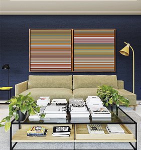 Duo de Quadros Quadrados Abstrato Listras Laranja Cinza Prateado Degradê Canvas Moldura