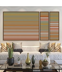 Trio de Quadros Estilizados Abstrato Listras Laranja Cinza Prateado Degradê Canvas Moldura