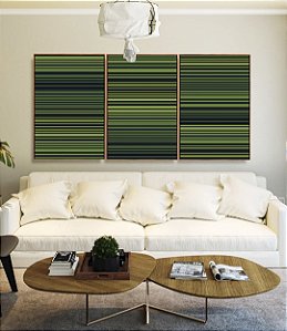 Trio de Quadros Abstrato Degradê Listras Geométrico Verde Canvas Moldura