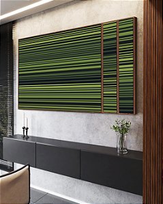 Trio de Quadros Estilizados Abstrato Degradê Listras Geométrico Verde Canvas Moldura