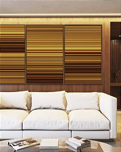 Trio de Quadros Abstrato Listras Degradê Amarelo Dourado Marrom Canvas Moldura
