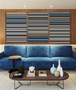 Trio de Quadros Abstrato Degradê Listras Azul Marrom Canvas Moldura