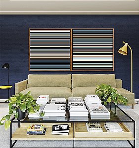 Duo de Quadros Quadrados Abstrato Degradê Listras Azul Marrom Canvas Moldura