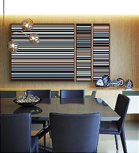 Trio de Quadros Estilizados Abstrato Degradê Listras Azul Marrom Canvas Moldura