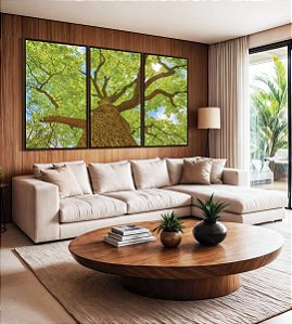 Trio de Quadros Árvore Luz Natural Folhas Verdes Canvas Moldura